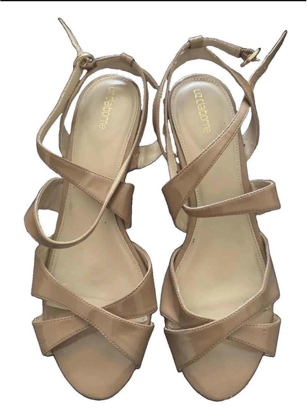 Vintage Liz Claiborne Nude Patent Leather Strappy Wedge Sandals - Size 10